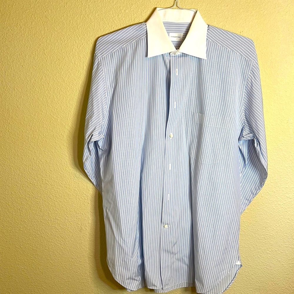 Zegna contrast dress shirt blue stripe/white collar; white button cuff 16-41